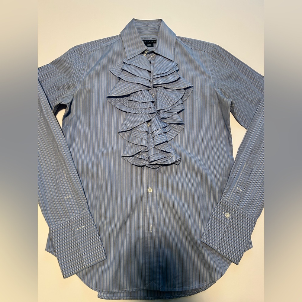 Ralph Lauren Blue Pinstripe Blouse with Ruffles